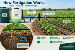 Fertigation system showing fertilizer injection through drip irrigation to the crop root zone